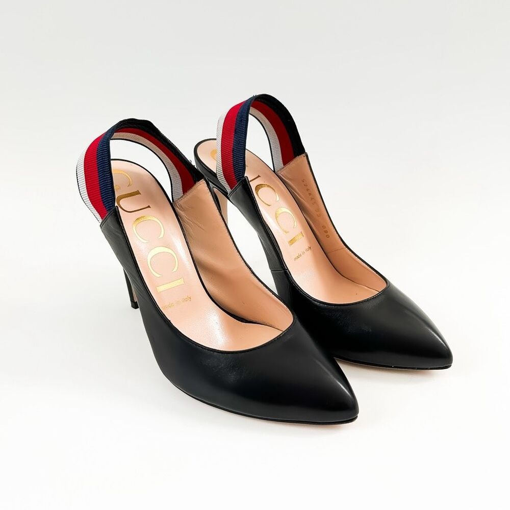Gucci Black Heels with Red and Blue Straps